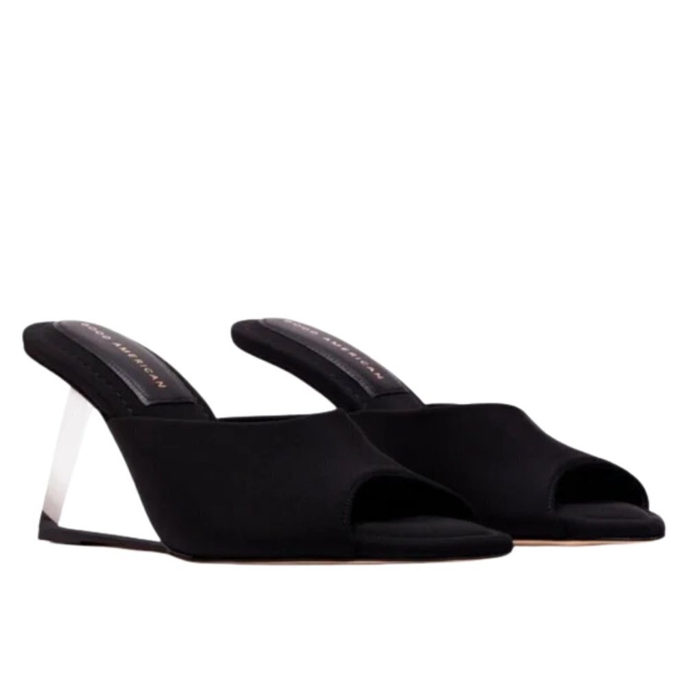 NEW Good American Clear Lucite Wedge Heel Sandal in Black Sz. 4